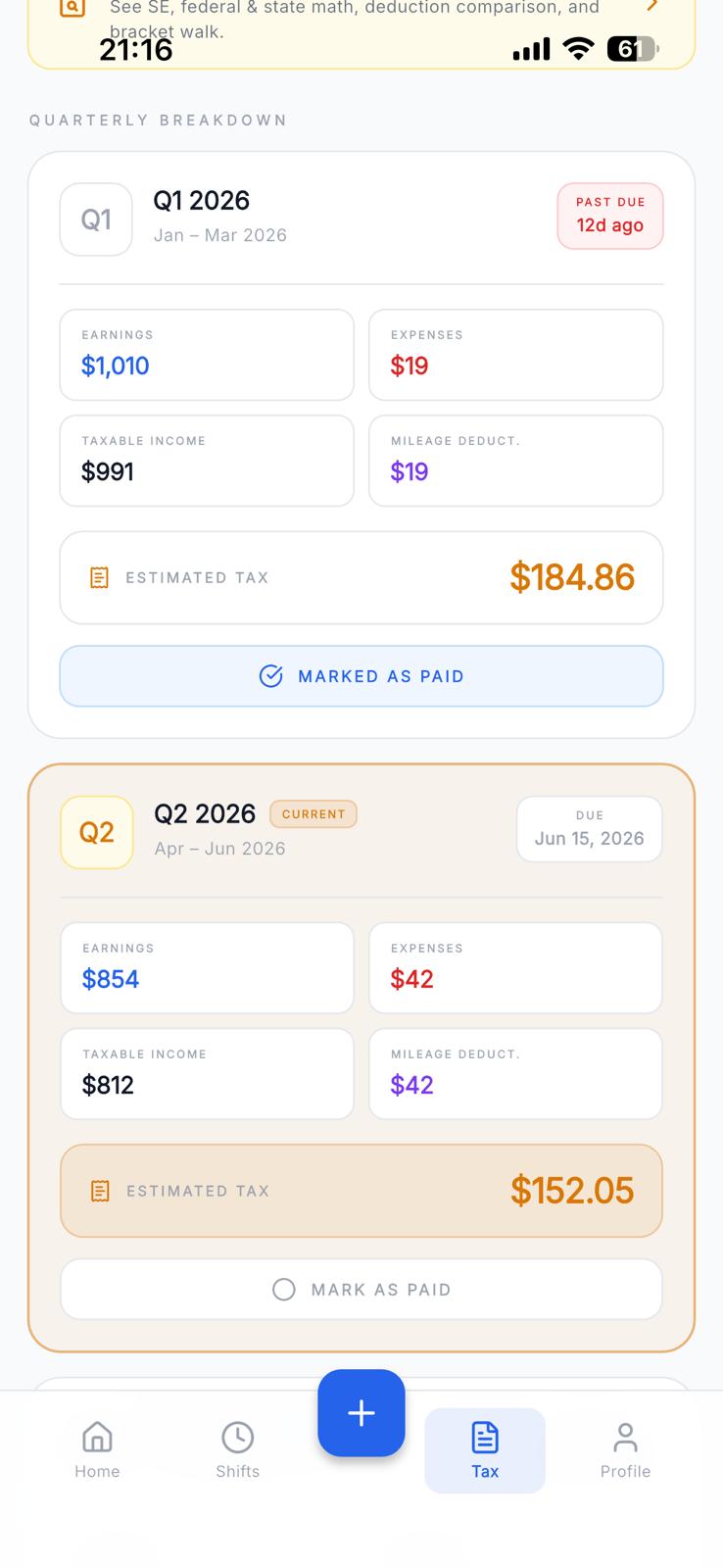 Quarterly earnings summary